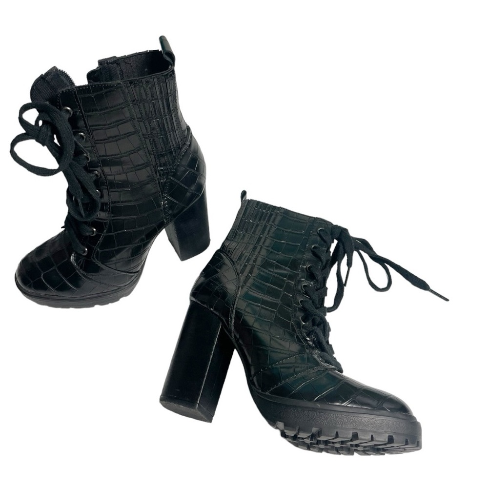 Steve Madden Lead faux Croc booties goth stacked block heel lace up / zi…